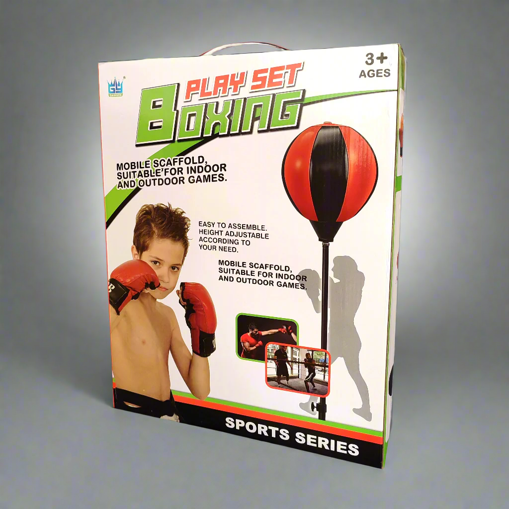 Boxing play set packaging with a child and punching bag illustration on a gray background