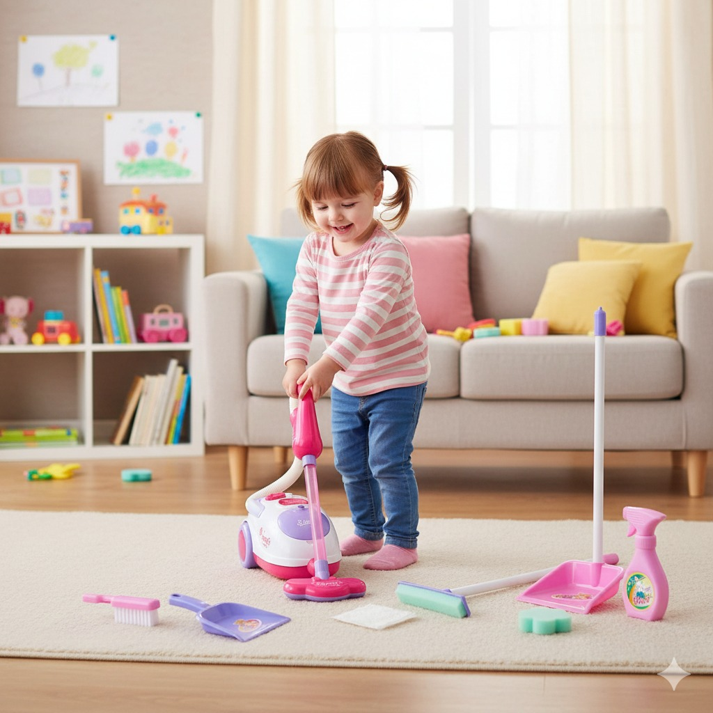 Child playing with toy cleaning set in a living room
