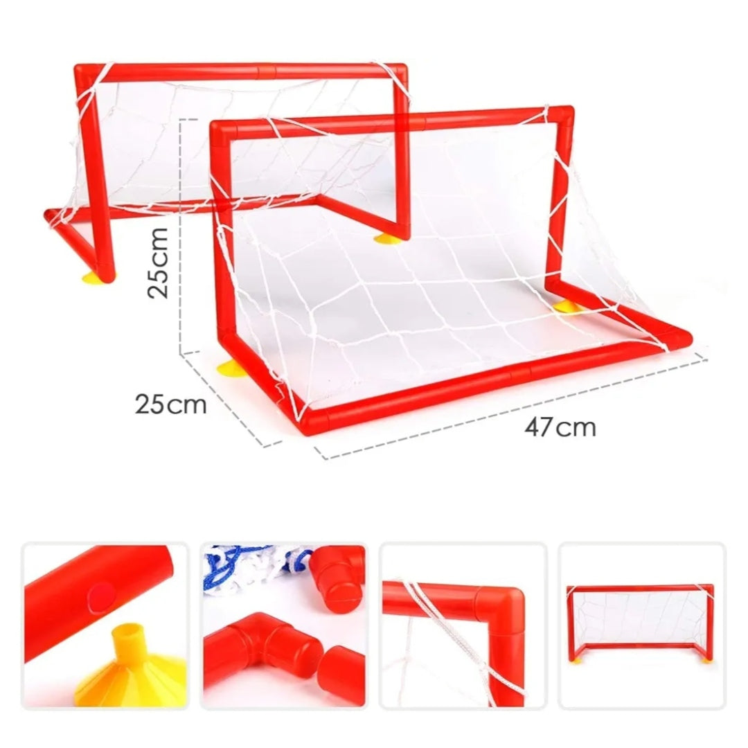 Two red and white children's soccer goals with dimensions on a white background
