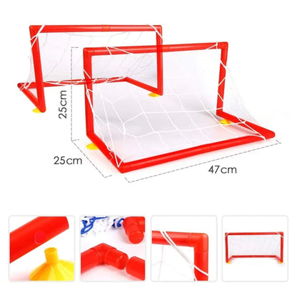 Two red and white children's soccer goals with dimensions on a white background