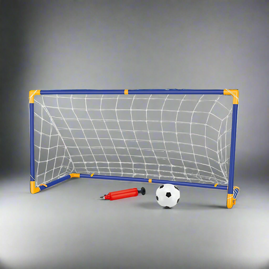 Children's soccer goal with ball and pump on a gray background