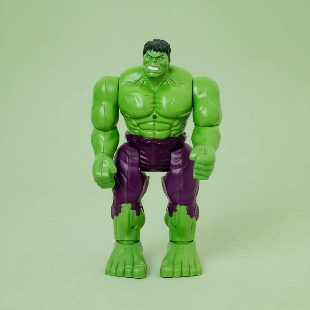 Green superhero action figure on a light surface with a white background