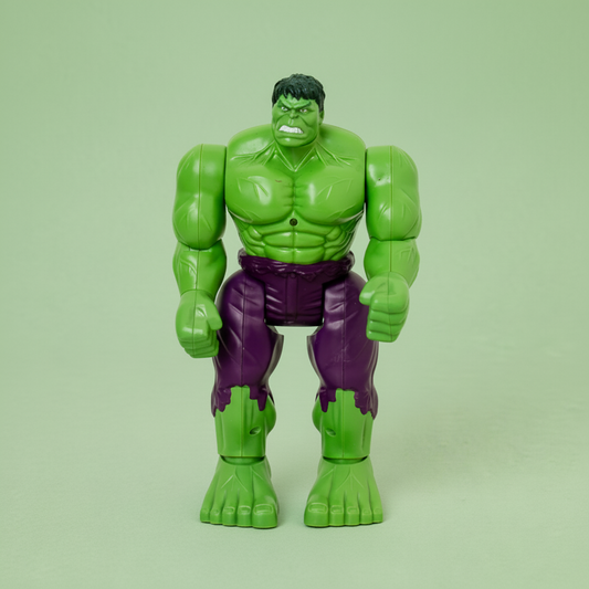 Green superhero action figure on a light surface with a white background