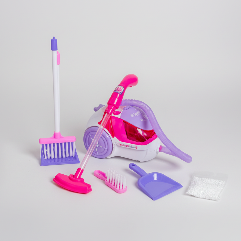 Toy cleaning set with broom, vacuum, and cleaning tools on a flat surface