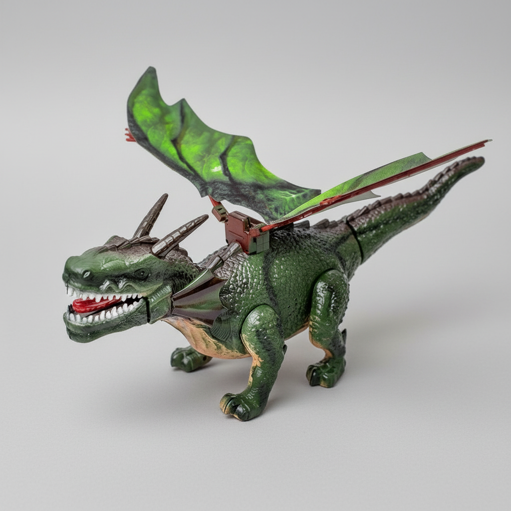 Toy dragon with green body and red accents on a light gray surface