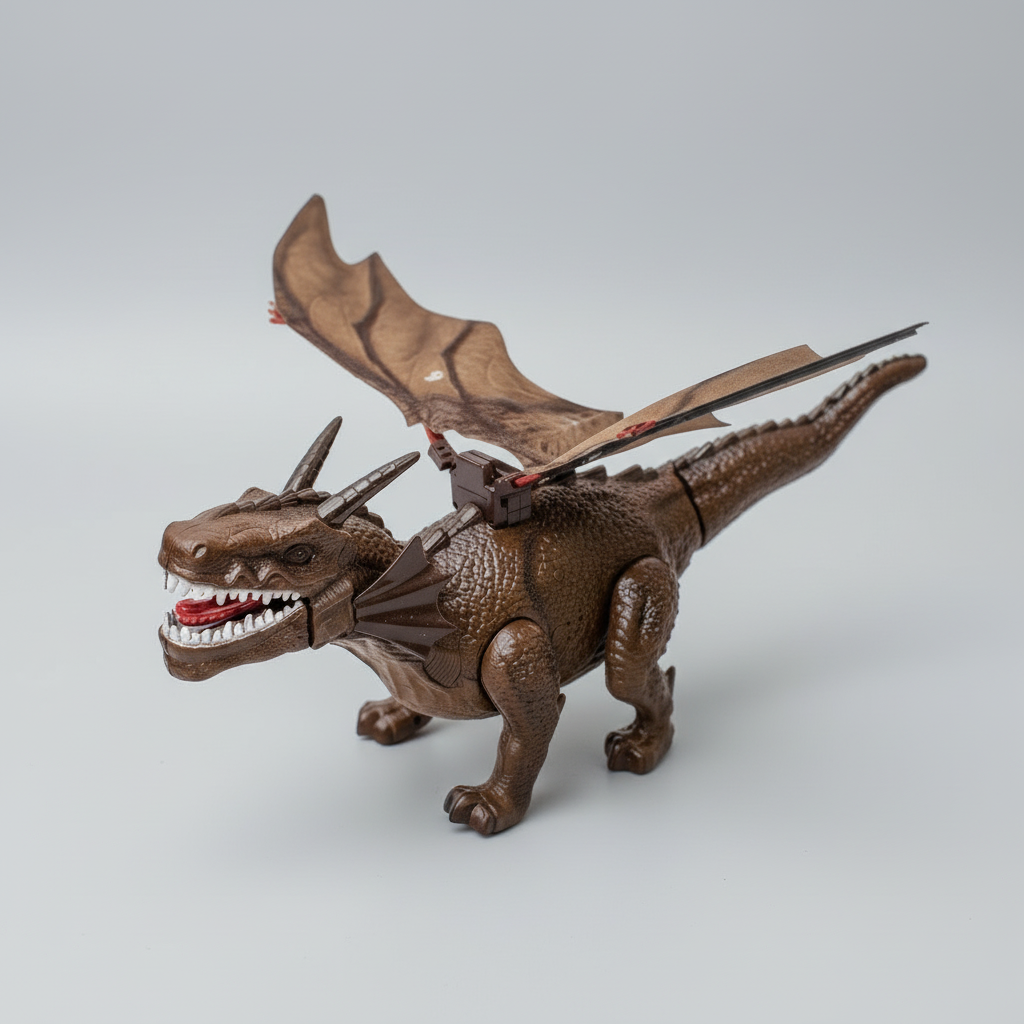 Toy dragon in brown color with wings on a light gray surface
